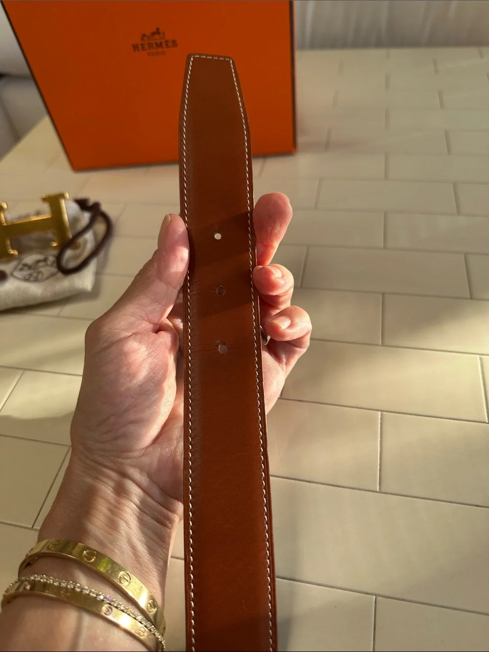 HERMES 32mm Martelée H Buckle and Reversible Belt (Brown/Black, Size 80)